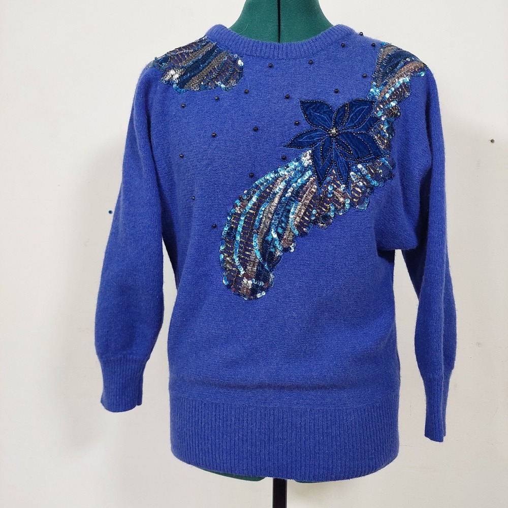 Vintage D.G. Blue Lambswool Angora Sequin Floral Knit Sweater Women's Size M